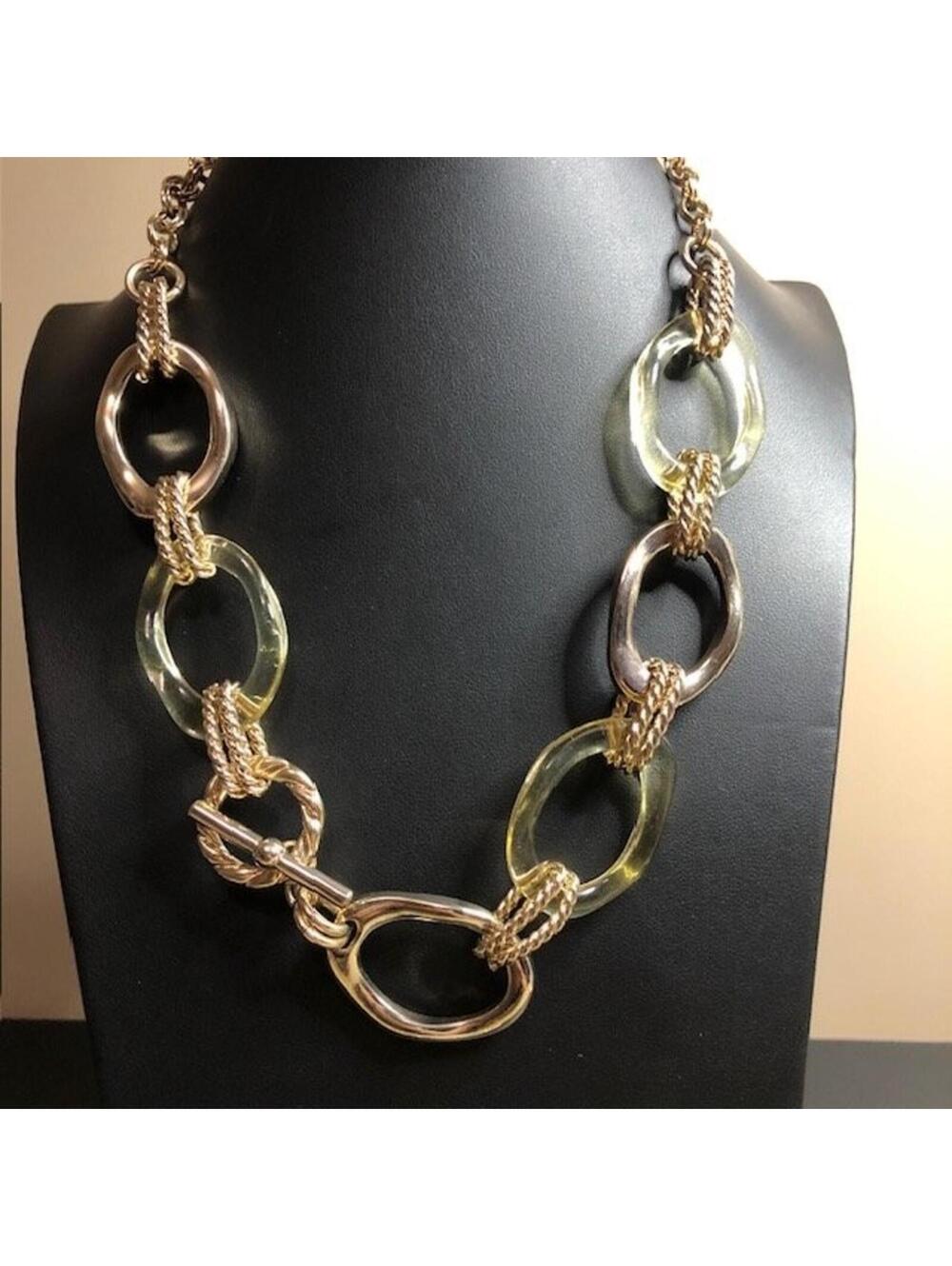 B1630 Autograph Chunky Link Necklace Gold Tone Twisted Rope Acrylic Toggle